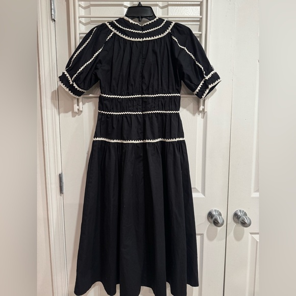 Vintage Black Prairie Dress White Ric Rac Trim Puff Sleeve Cottagecore Midi - Picture 3 of 4